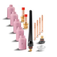 STAHLWERK TIG gas lens welding accessories set 14-piece with adapter sleeves + ceramic nozzles, wear parts for WP-26 TIG welding torches.