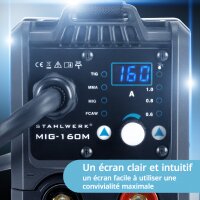 STAHLWERK MIG MAG 160 M Poste &agrave; souder IGBT Appareil combin&eacute; enti&egrave;rement synergique 5 en 1 avec v&eacute;ritable 160 amp&egrave;res et 2 rouleaux dentra&icirc;nement / fil fourr&eacute;, MIG MAG, ARC MMA, Lift TIG