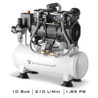 STAHLWERK-ilmakompressori ST 110 Pro, kuiskauskompressori 10 bar, 10 l s&auml;ili&ouml;, 69 dB ja kulumaton harjaton moottori, jonka teho on 1,89 hv / 1390 wattia, 7 vuoden valmistajan takuu.