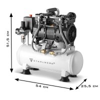 STAHLWERK-ilmakompressori ST 110 Pro, kuiskauskompressori 10 bar, 10 l s&auml;ili&ouml;, 69 dB ja kulumaton harjaton moottori, jonka teho on 1,89 hv / 1390 wattia, 7 vuoden valmistajan takuu.