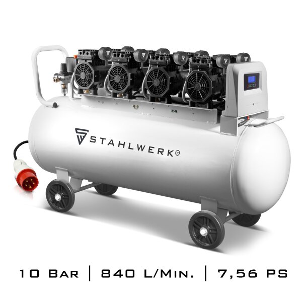 Compresor de aire STAHLWERK ST 1510 Pro, compresor silencioso con 10 bar, depósito de 150 l, 69 dB y 4 motores sin escobillas y sin desgaste con una potencia total de 7,56 CV / 5.560 vatios, 7 años de garantía del fabricante
