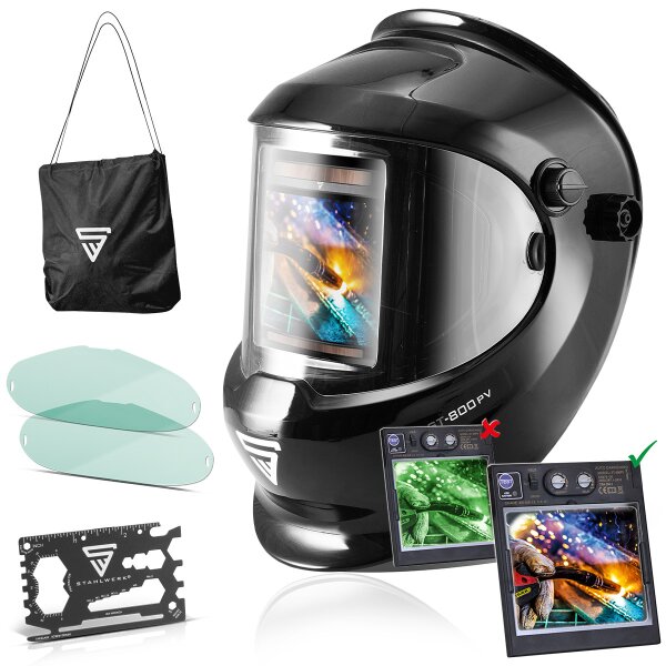 STAHLWERK fully automatic Real Color welding helmet ST-800 PV, 3 in 1 function, 180° field of vision, glossy black, large field of vision, incl. 2 replacement lenses