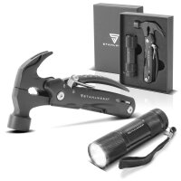 STAHLWERK multitool with 12 tools, high quality pocket knife / folding knife / multi-function tool with hammer, knife, saw, file, combination pliers, screwdriver etc. including LED flashlight.