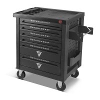 STAHLWERK workshop trolley | tool trolley | assembly trolley Shark with rubberized castors, practical paper roll holder and 6 drawers, equipped with high-quality 160-piece chrome vanadium tools