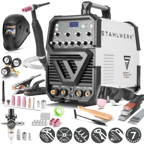 STAHLWERK AC/DC WIG 200 Puls mit Plasma ST Vollausstattung Schweißgerät mit 200 A WIG & MMA, Alu & Dünnblech geeignet, Kombigerät mit 50 Ampere CUT-Funktion