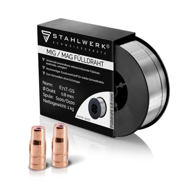 STAHLWERK Flux cored wire welding accessories set 1 x FLUX wire roll steel 1kg 0,8mm + 2 x flux cored wire nozzle for MIG MAG 15-AK MB-15 welding torch