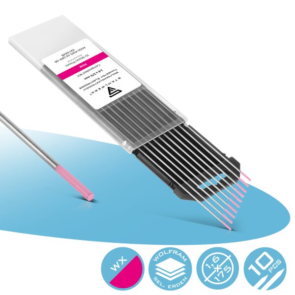 STAHLWERK Volframelektroder / svetselektroder WX Pink 1,6 x 175 mm i en praktisk uppsättning om 10