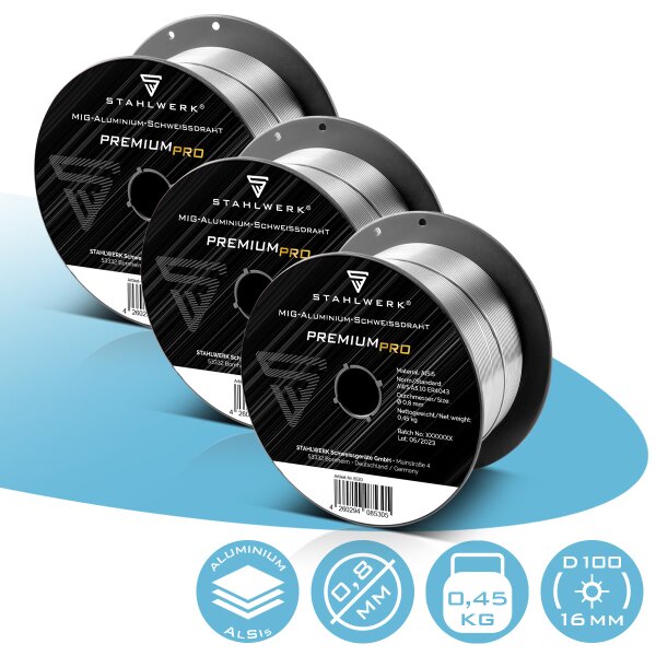 STAHLWERK MIG MAG alambre para soldadura de aluminio ER4043 Si5 (ALSI-5) Ø 0,8 mm 0,45 kg rollo de alambre en juego de 3