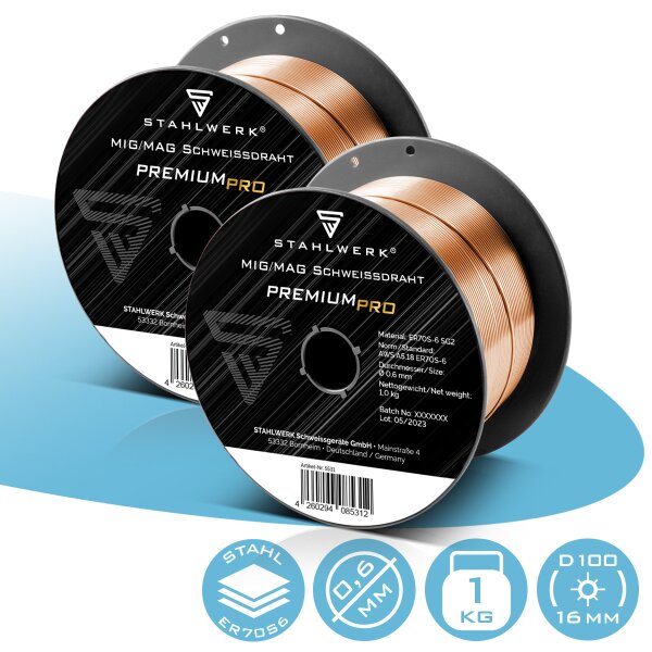 STAHLWERK Juego de 2 alambres MIG MAG ER70S-6 SG2 Ø 0,6 mm S100/D100 rollo de alambre 1 kg