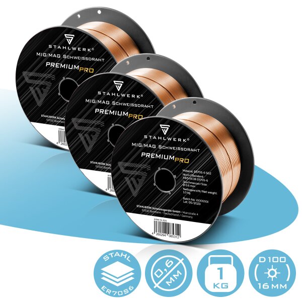 STAHLWERK MIG MAG svetstråd ER70S-6 SG2 Ø 0,6 mm S100/D100 trådrulle 1 kg i set med 3 st.