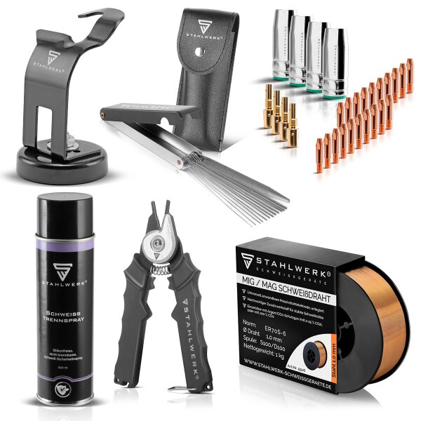 STAHLWERK MIG MAG AK15/MB15 starterset, MIG MAG lasdraad, 15AK/MB slijtdelen set, toortshouder met magnetische voet, super pistoolspray, mondstuktang en mondstukreiniger met vijl