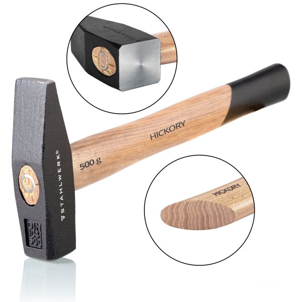 STAHLWERK Hammer Schlosserhammer 500g hochwertig gefertigt mit robustem Kopf aus geschmiedetem Stahl, ausbalanciertes Gewicht, ergonomischer Griff aus hoch belastbarem Hickory-Holz