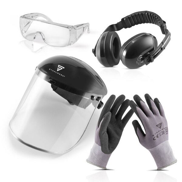STAHLWERK set di protezione combinato di 4 pezzi KS-1 con protezione delludito, occhiali di sicurezza, schermo facciale e guanti protettivi per un lavoro sicuro