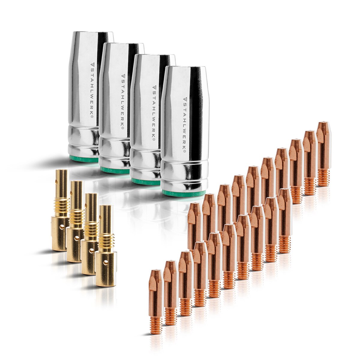 Verschleißteilset Für MB25 Brenner – Inkl. 5 Gasdüsen, 10 Stromdüsen (1,2mm), 2 Düsenstöcke, 2 Federn & MAG-Schlüssel