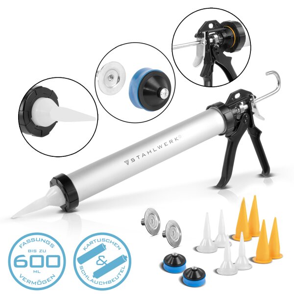 STAHLWERK Pistolet do silikonu  SP-600 ST 600 ml prasa do kartuszy / pistolet do kartuszy wykonany z wytrzymalego aluminium do kartuszy i worków do silikonowania i nakladania klejów i uszczelniaczy.