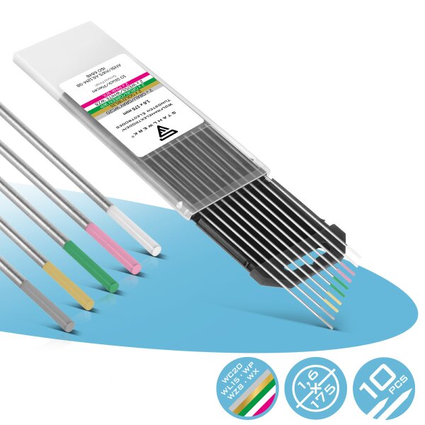 STAHLWERK Wolframové elektrody / svarovací elektrody zlatá, šedá, ružová, bílá, zelená 1,6 mm 2 ks v praktické sade po 10 ks