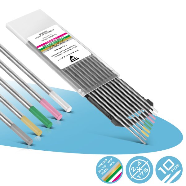 STAHLWERK Volframelektroder / svetselektroder guld, grått, rosa, vitt, grönt 2,4 mm 2 st i en praktisk uppsättning om 10 st.