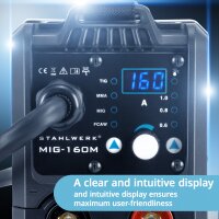 STAHLWERK MIG MAG 160 M volledige uitrusting IGBT lasser Volledig synergetisch 5 in 1 combinatie apparaat met echte 160 Amp en 2 rollen aandrijving / flux gevulde draad, MIG MAG, ARC MMA, Lift TIG