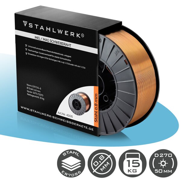 STAHLWERK MIG MAG Premium Schweißdraht / Drahtrolle ER70S-6 SG2 0,8 mm S270/D270 15 kg für Schweißarbeiten mit Schutzgas