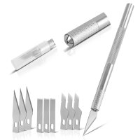 STAHLWERK professionell skalpelsats 10 delar, kniv i aluminium med olika precisionsblad f&ouml;r att sk&auml;ra papper, plast, folie, l&auml;der och tunn metall.