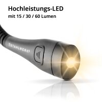 STAHLWERK LED Hals-Leselampe HL-30 ST mit 0,5 Watt, bis zu 60 Lumen, 80 Stunden Betriebsdauer und USB-Anschluss, in 3 Stufen dimmbares LED Licht / Kopfleuchte / Leseleuchte / Taschenlampe / Nackenlampe