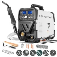 STAHLWERK MIG MAG 200 Puls Pro soldadora de gas inerte Unidad combinada totalmente sin&eacute;rgica 5 en 1 con 200 A originales y accionamiento de 4 rodillos, hilo tubular, MIG MAG, ARC MMA, Lift TIG, MIG Puls para soldadura de aluminio