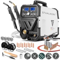 STAHLWERK MIG MAG 200 Puls Pro Unit&agrave; per la saldatura a gas inerte Unit&agrave; combinata 5 in 1 completamente sinergica con 200 ampere effettivi, compresa la torcia per la saldatura dellalluminio AK25/MB25, set di parti di usura per la saldatura dellalluminio