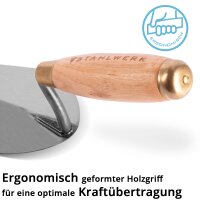 STAHLWERK Spitzkelle 180 mm, hochwertige Carbon-Stahl Maurerkelle / Putzkelle / Dreieckskelle mit ergonomischem Griff aus Naturholz