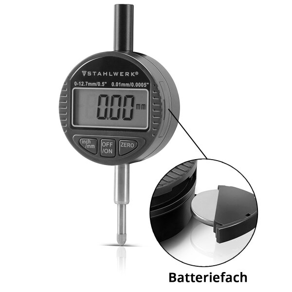 STAHLWERK Digitale Messuhr mit 0-12,7 mm (0,5") Messbereich, Messtaster für Präzisionsmessungen in Millimeter und Zoll