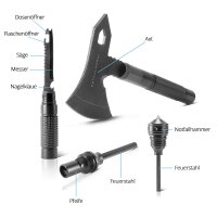 STAHLWERK Multitool / Multifunktionswerkzeug / Outdoor Survival Kit mit Axt, Multifunktions-Messer, S&auml;ge, Notfallhammer und Signalpfeife mit Feuerstahl