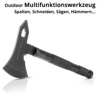 STAHLWERK Multitool / Multifunktionswerkzeug / Outdoor Survival Kit mit Axt, Multifunktions-Messer, S&auml;ge, Notfallhammer und Signalpfeife mit Feuerstahl