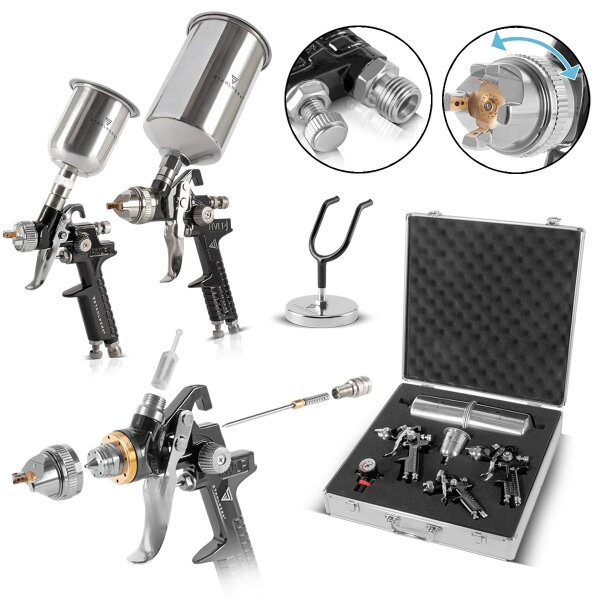 STAHLWERK HVLP spray gun set SGS-1125 ST 21 parts with 3 compressed air spray guns, 0.8 / 1.4 / 1.7 mm nozzle set, spray gun holder, aluminum case and much more Spray gun / Spray gun