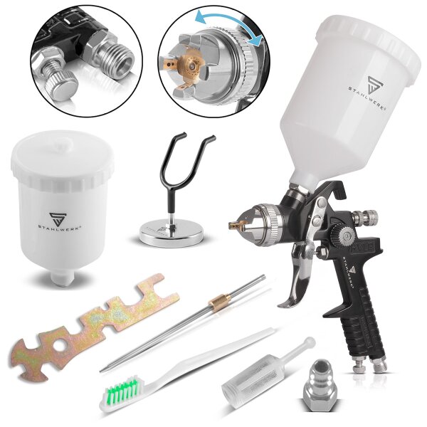 STAHLWERK HVLP-sprutepistol SG-600 ST med 1,4 mm munstycke och 600 ml flödesbägare, hållare för sprutpistol, professionell sprutpistol / sprutpistol / sprutpistol