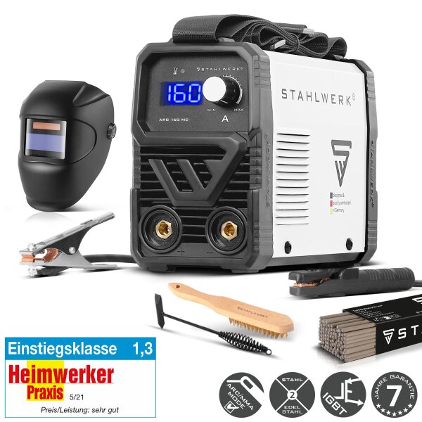 STAHLWERK ARC 160 MD Vollausstattung Elektroden-Schweißgerät - DC MMA, E-Hand, Lift-TIG Welder | Stufenlos regelbar | Echte 160 Ampere | Sehr kompakt und leicht | Hot-Start, Anti-Stick, Smart-Kühlung | IGBT-Technologie