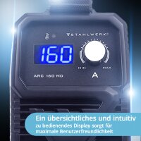 STAHLWERK ARC 160 MD Vollausstattung Elektroden-Schwei&szlig;ger&auml;t - DC MMA, E-Hand, Lift-TIG Welder | Stufenlos regelbar | Echte 160 Ampere | Sehr kompakt und leicht | Hot-Start, Anti-Stick, Smart-K&uuml;hlung | IGBT-Technologie