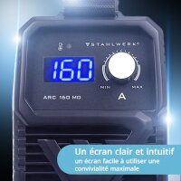 STAHLWERK ARC 160 MD Poste de soudage &agrave; &eacute;lectrodes enti&egrave;rement &eacute;quip&eacute; - DC MMA, E-Hand, Lift-TIG Welder | R&eacute;glage en continu | V&eacute;ritable 160 amp&egrave;res | Tr&egrave;s compact et l&eacute;ger | Hot-Start, Anti-Stick, Smart-K&uuml;hling | Technologie IGBT