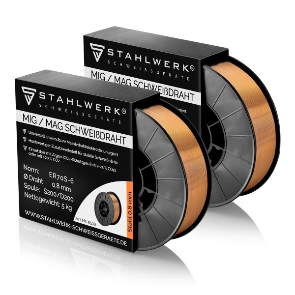 STAHLWERK 2 x fil de soudage MIG/MAG Ø 0,8 mm, acier SG2 ER70S-6, sur bobine de fil S200/D200 de 5 kg avec mandrin de 50 mm, utilisation universelle