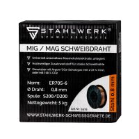 STAHLWERK 2 x fil de soudage MIG/MAG Ø 0,8 mm, acier SG2 ER70S-6, sur bobine de fil S200/D200 de 5 kg avec mandrin de 50 mm, utilisation universelle
