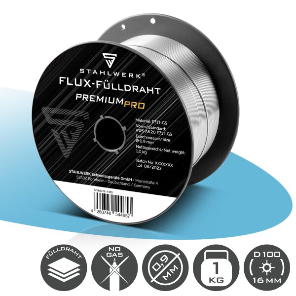 STAHLWERK FLUX Fülldraht E71T-GS 0,9 mm | 1 kg Drahtrolle D100 | Drahtspule für 16 mm Dorn | Premium Schweißdraht | Zusatzwerkstoff | Universal Schweißdraht | Fülldrahtelektrode | MIG MAG