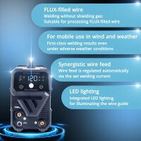 STAHLWERK Svařovac&iacute; stroj Mini FLUX 120 ST Digital | 120 amp&eacute;rů | Synergick&yacute; posuv dr&aacute;tu | Vhodn&eacute; pro Lift-TIG | Svařov&aacute;n&iacute; tavn&yacute;m dr&aacute;tem | Funkce ARC/MMA pro snadn&eacute; svařov&aacute;n&iacute; bez ochrann&eacute;ho plynu s tavn&yacute;m dr&aacute;tem