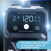 STAHLWERK Poste &agrave; souder Mini FLUX 120 ST Digital | 120 Amp&egrave;res | D&eacute;vidoir de fil synergique | Adapt&eacute; au Lift-TIG | Soudage au fil fourr&eacute; | Fonction ARC/MMA pour souder facilement sans gaz de protection avec un fil fourr&eacute;