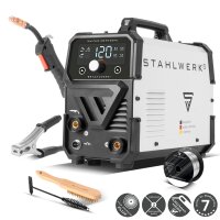 STAHLWERK Saldatrice Mini FLUX 120 ST Digital | 120 ampere | Avanzamento filo sinergico | Adatta al Lift-TIG | Saldatura a filo animato | Funzione ARC/MMA per una saldatura semplice senza gas di protezione con filo animato