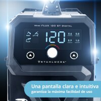 STAHLWERK Soldadora Mini FLUX 120 ST Digital | 120 amperios | Alimentación de hilo sinérgica | Apta para Lift-TIG | Soldadura con hilo tubular | Función ARC/MMA para soldar fácilmente sin gas de protección con hilo tubular
