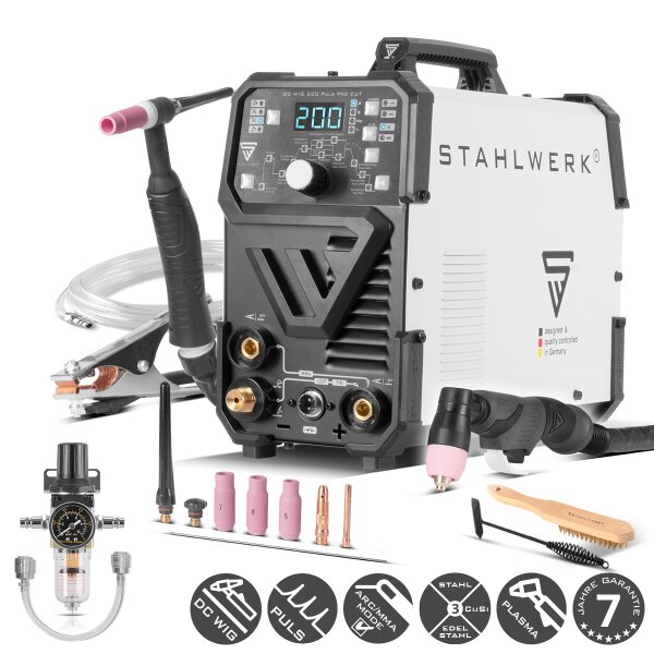 STAHLWERK 4-in-1 Kombi-Schweißgerät DC WIG 200 Puls Pro CUT, digitaler 200 A IGBT Inverter mit DC WIG | MMA | Job-Speicher, Puls-Funktion und integriertem 40 A Plasmaschneider