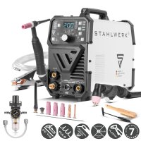 STAHLWERK Soldadora combinada 4 en 1 DC TIG 200 Puls Pro CUT, inversor digital IGBT de 200 A con memoria de trabajos DC TIG | MMA | funci&oacute;n de pulsos y cortadora de plasma integrada de 40 A