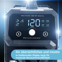 STAHLWERK Schweißgerät Mini FLUX 120 ST Digital mit 120 A Vollausstattung, synergischem Drahtvorschub, Lift-TIG und ARC/MMA Funktion zum Schweißen ohne Schutzgas