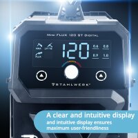 STAHLWERK welding machine Mini FLUX 120 ST Digital with 120 A full equipment, synergic wire feed, Lift-TIG and ARC/MMA function for welding without shielding gas