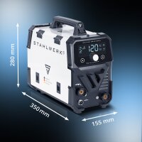 STAHLWERK welding machine Mini FLUX 120 ST Digital with 120 A full equipment, synergic wire feed, Lift-TIG and ARC/MMA function for welding without shielding gas
