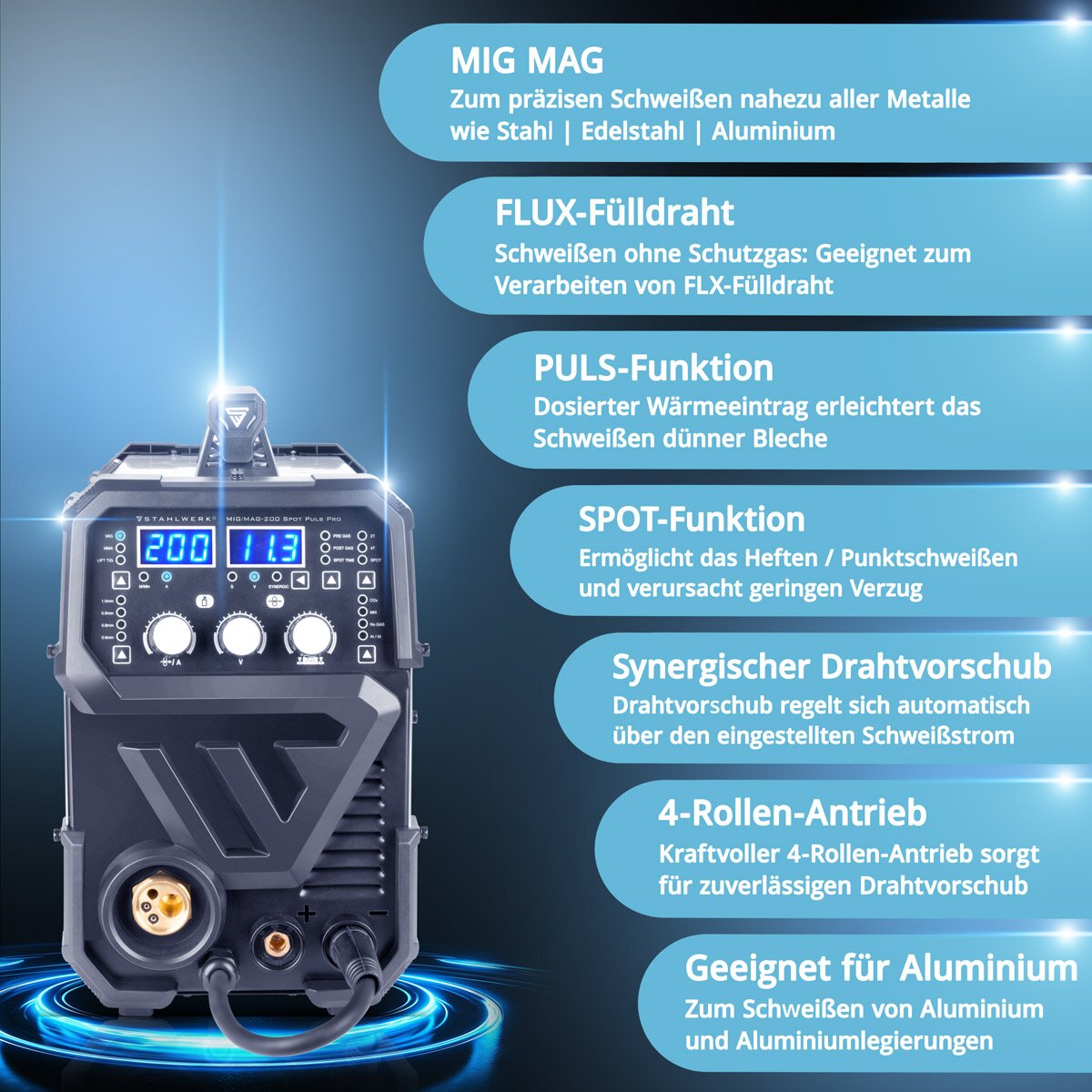 STAHLWERK Schweißgerät MIG MAG 200 Puls Pro Plus Vollsynergischer 5 in