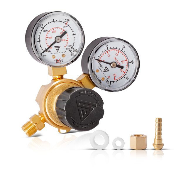 STAHLWERK Mini regolatore di pressione ST-215 secondo la norma DIN EN ISO 2503 Regolatore di pressione fino a 200 bar in ottone di alta qualità per Argon | CO2 | Mix 18 | gas di protezione per impianti di saldatura TIG e MIG MAG